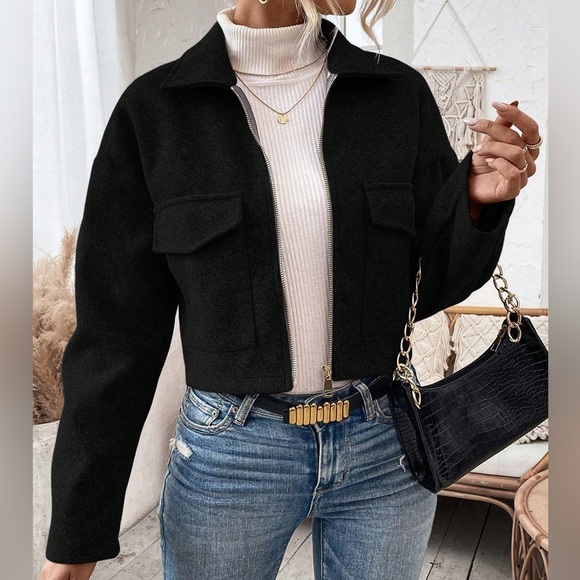 Jackets & Blazers - Flap Pocket Drop Shoulder Woolen Coat black